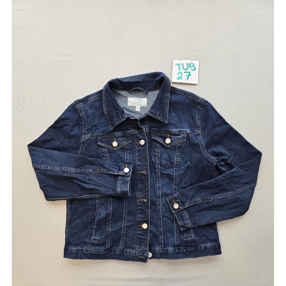 Time and Tru Womens Dark Wash Denim Trucker Jacket Indigo Blue Size L 12-14
